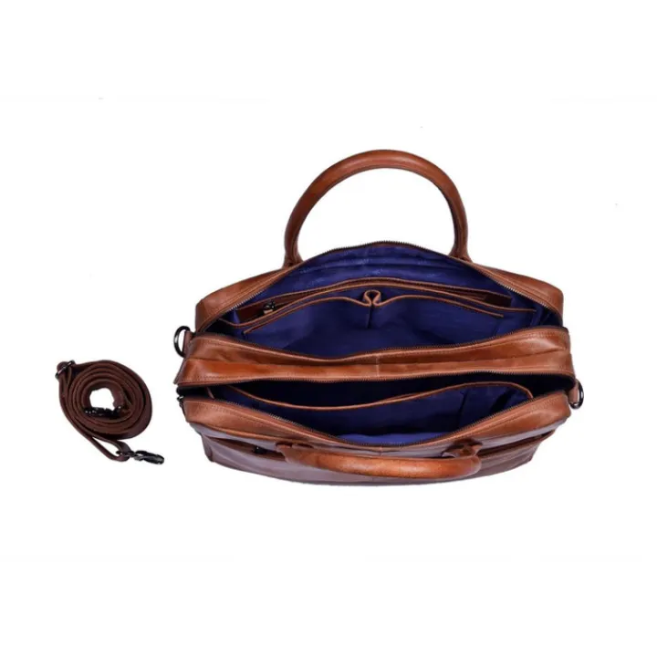 Herentassen|15 Inch Laptoptassen>DSTRCT Limited Double Zip 15'' Laptoptas cognac