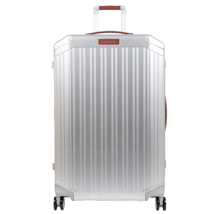 Harde Koffers|Reiskoffers>Piquadro Alu Large 4 Wheel Trolley grigio / cuoio